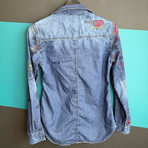 Desigual Blue Denim Shirt with Red Embroidery - Picture 6 of 10